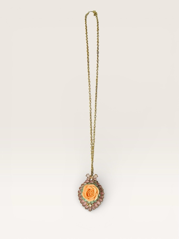 Vintage Style Gold Tone Peach Pink Floral Flower Pendant Statement Necklace