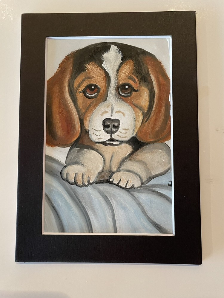 CHRISTMAS SALE Original oil painting 5 X 7 Including Black Matting  Cute Beagle-image
