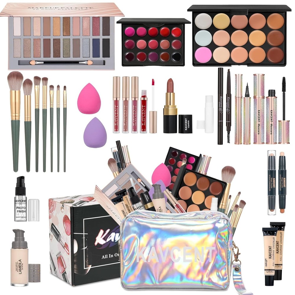 Complete Makeup Gift Set: Cosmetic Bag with Foundation, Lipstick & 20 Eyeshadows