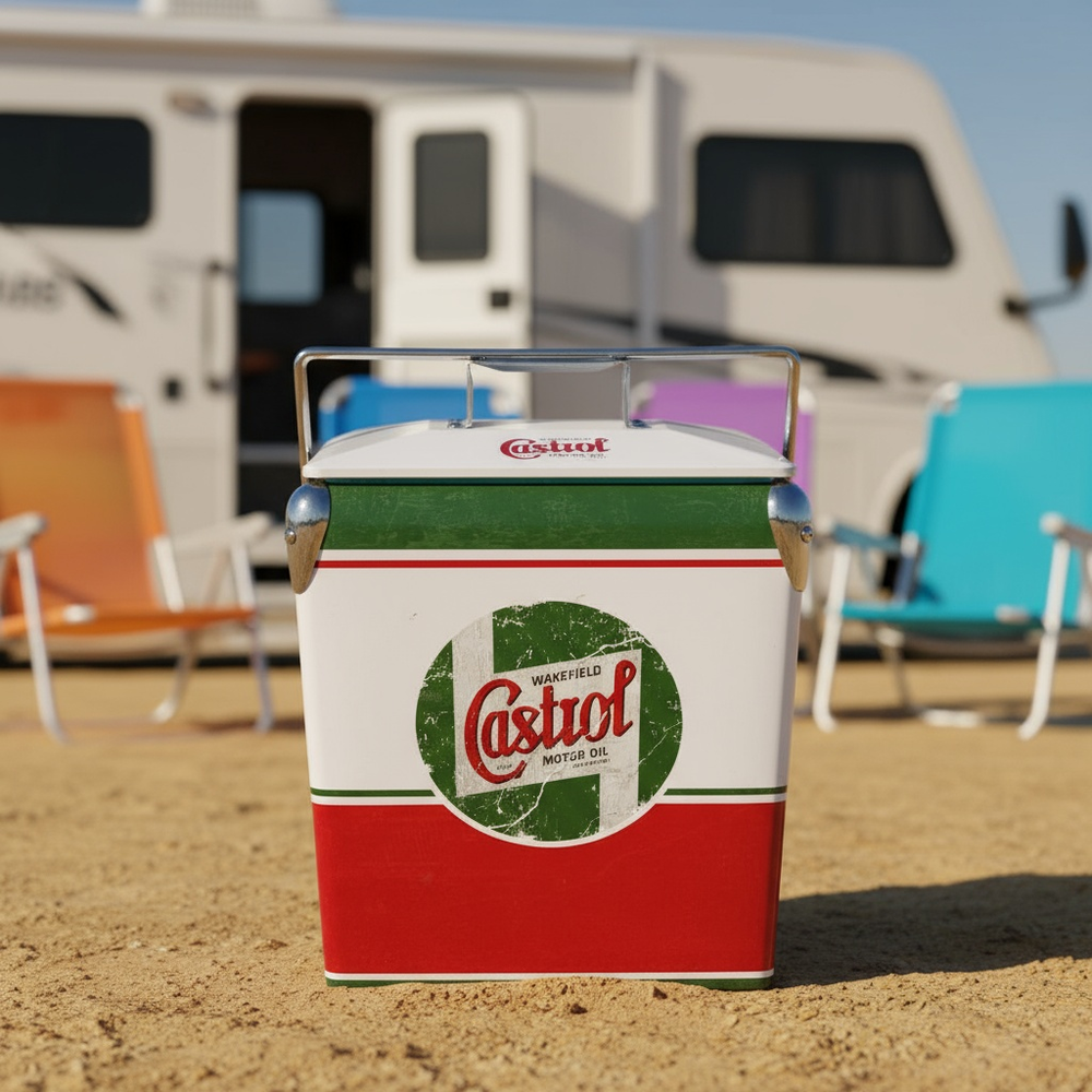 CASTROL 18Qt Beach-Ready Cooler Box，Heavy-Duty Metal Ice Chest for RV Travel