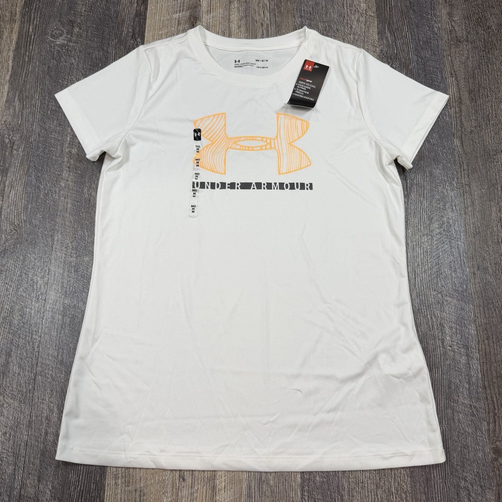 Under Armour HeatGear T Shirt Womens M White Orange Logo Loose Fit Athletic NWT