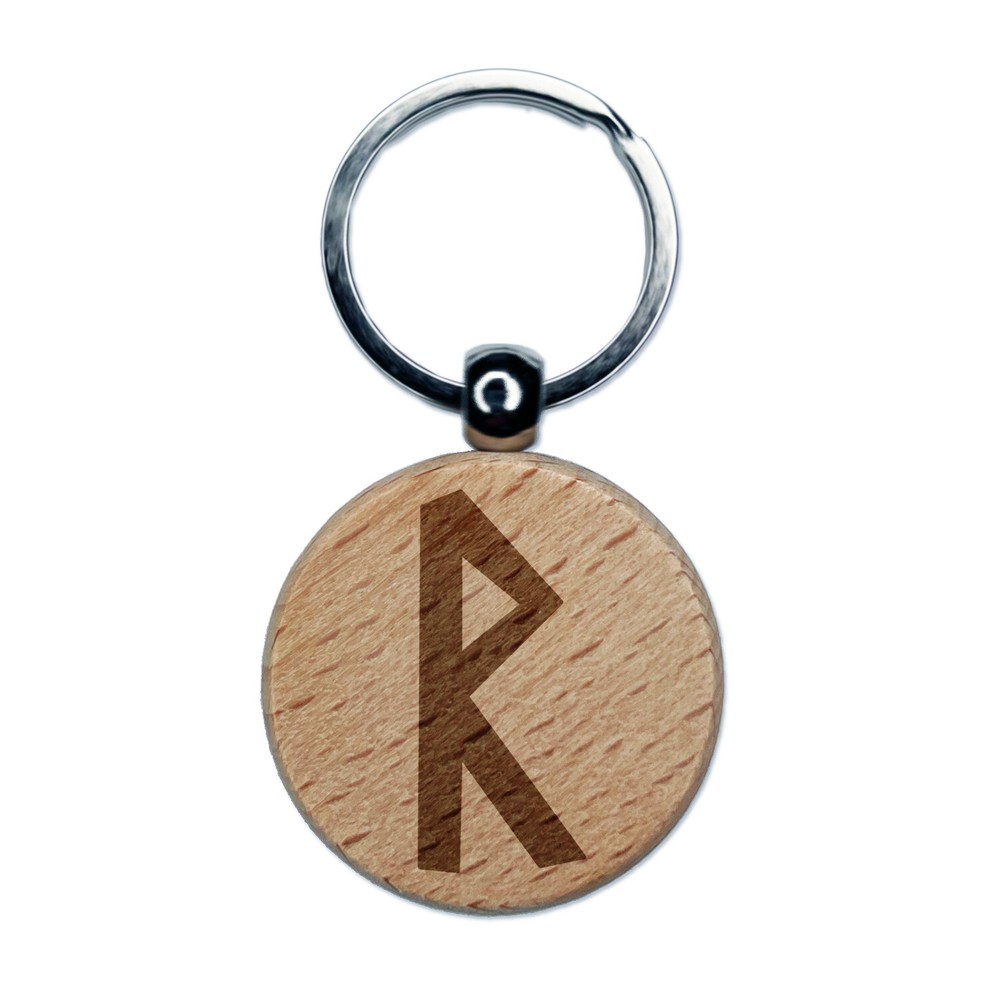 Norse Viking Dwarven Rune Letter R Engraved Wood Round Keychain Tag Charm