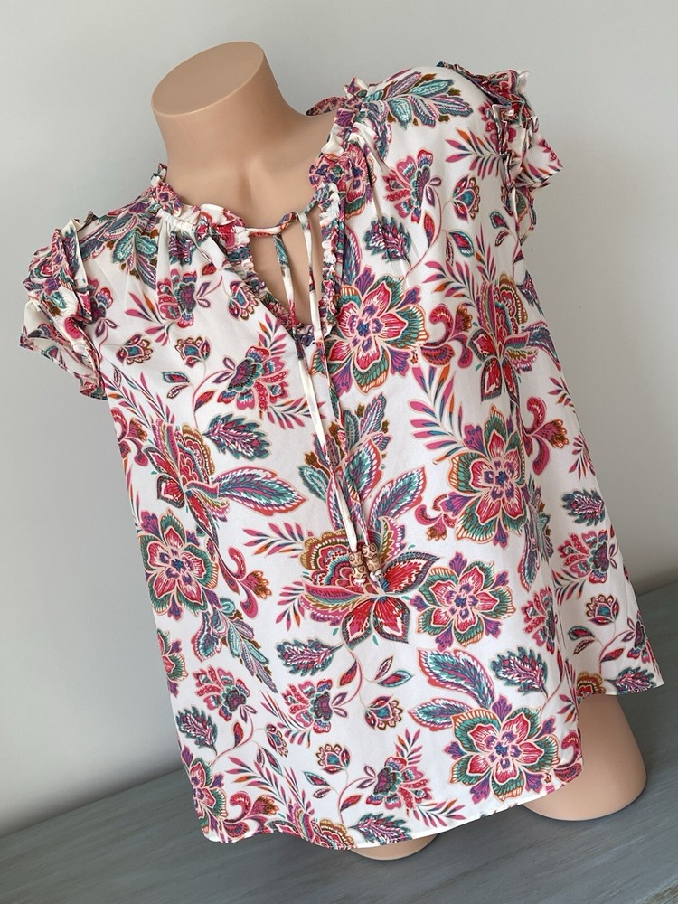Boho Flutter Sleeve Rose & Olive Floral Blouse Pink Teal V Neck Top XL