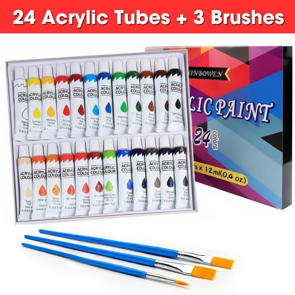 ACRYLIC PAINT SET TUBE 24 x 12ML, 3 FREE BRUSHES PERFECT FOR CANVAS WOOD CERAMIC