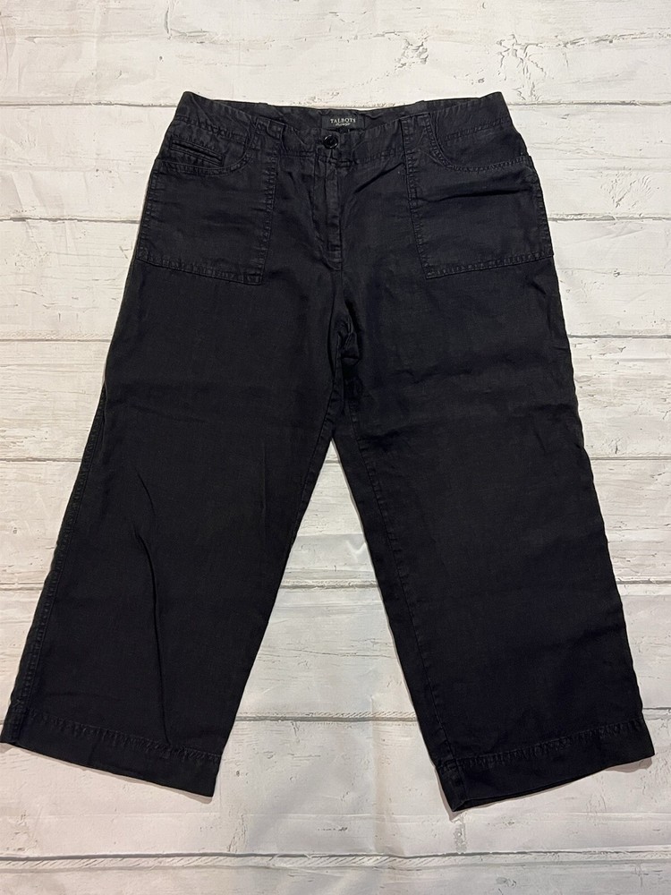 Talbots Womens Size 12 Black Boho Wide Leg Linen Capri Pants