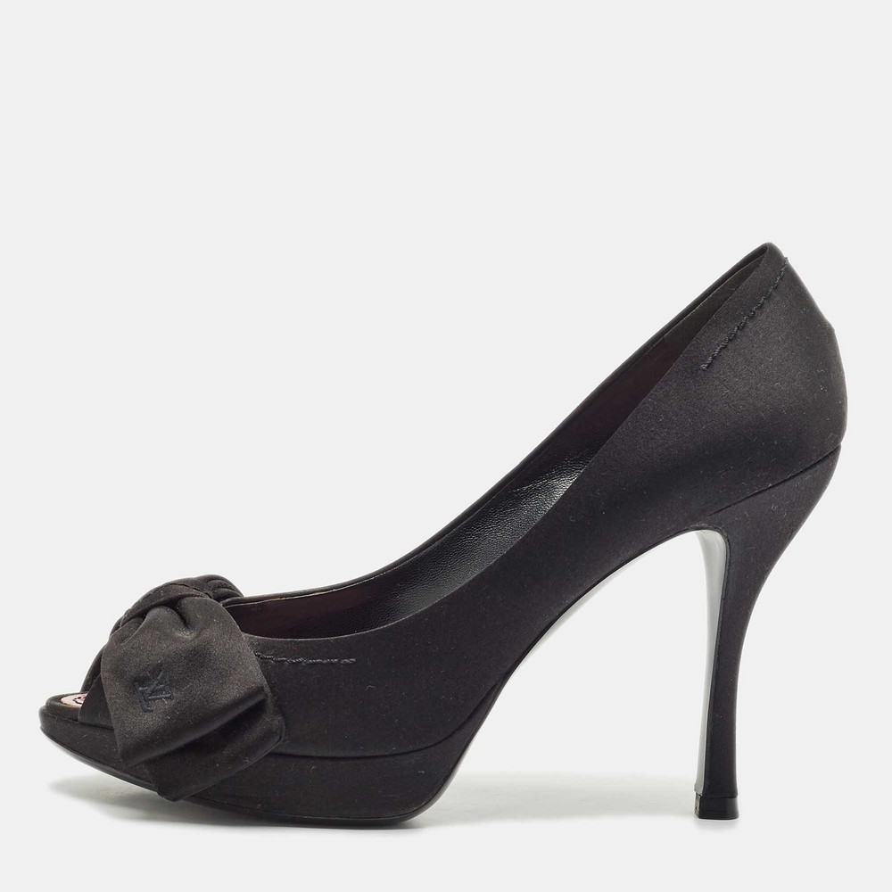 Louis Vuitton Black Satin Bow Peep Toe Pumps Women Size 37.5 EU