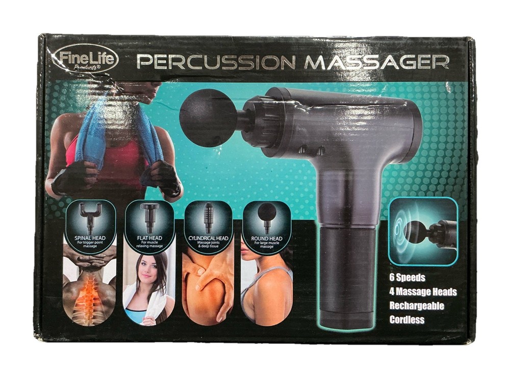 FineLife Products Percussion Massager 6 Speeds 4 Heads Cordless Massage Gun