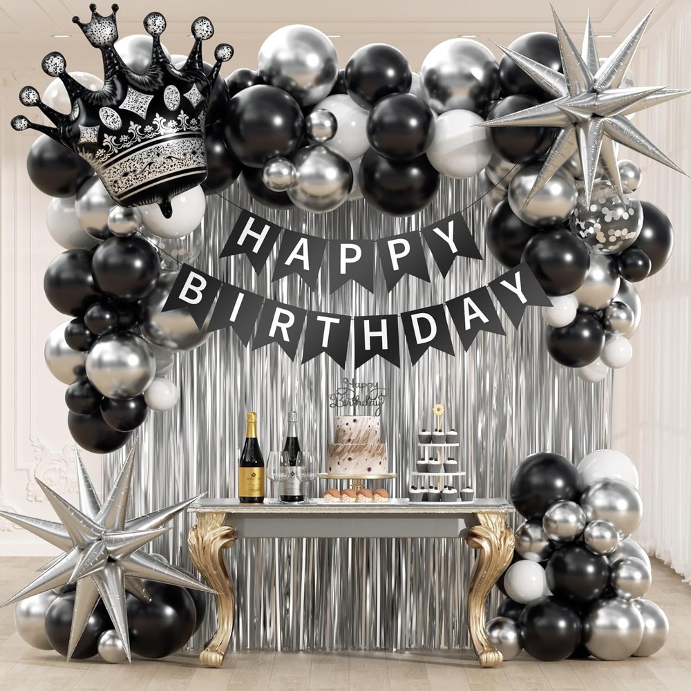 Black Birthday Decorations for Men with White Black and silver Balloons Banner M