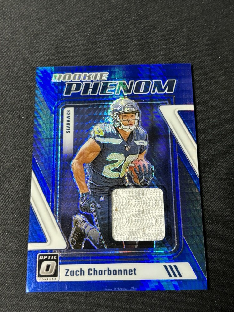2023 Panini Donruss Optic Zach Charbonnet Blue Hyper Prizm Rookie Phenom Patch