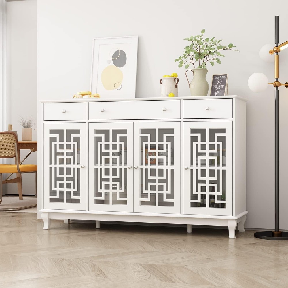 Modern Buffet Sideboard with Glass Doors, 3 Drawers & 6 Storage Compartments