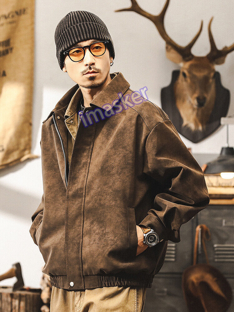 Retro Men's Spring Workwear Leather Jacket Loose Fit Motorcycle Casual Coat