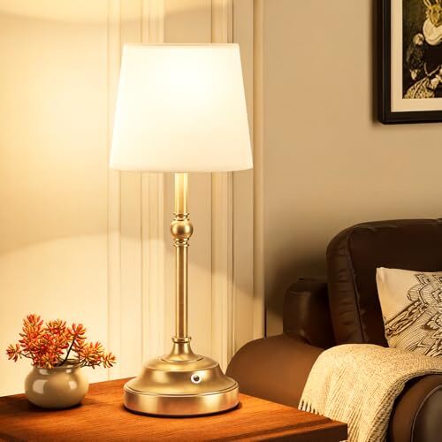 Cordless Table Lamp, 5200mAh Battery Operated Lamp, Touch Dimmable Gold（1Pack）