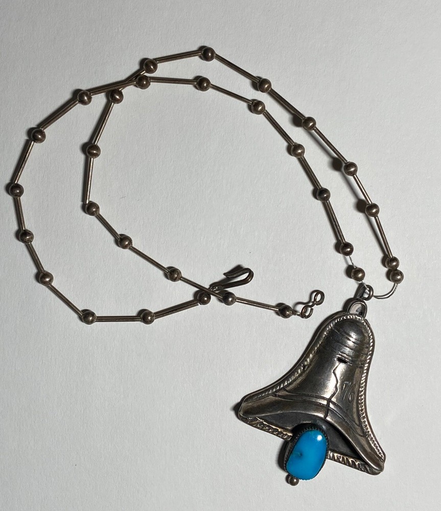 STERLING Southwestern VINTAGE LIBERTY BELL Pendant Bicentennial ‘76 TURQUOISE