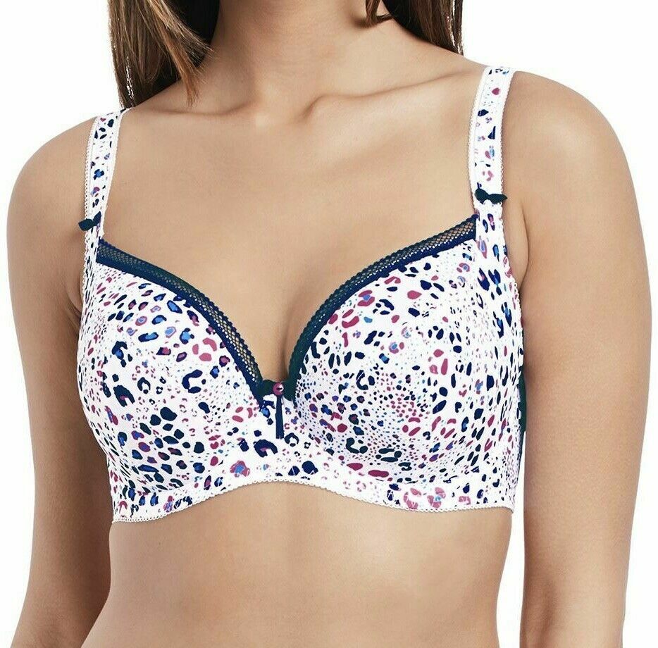 Freya Make Tracks Bra White Blue Pink Animal Size 30J Underwired Balcony 5122