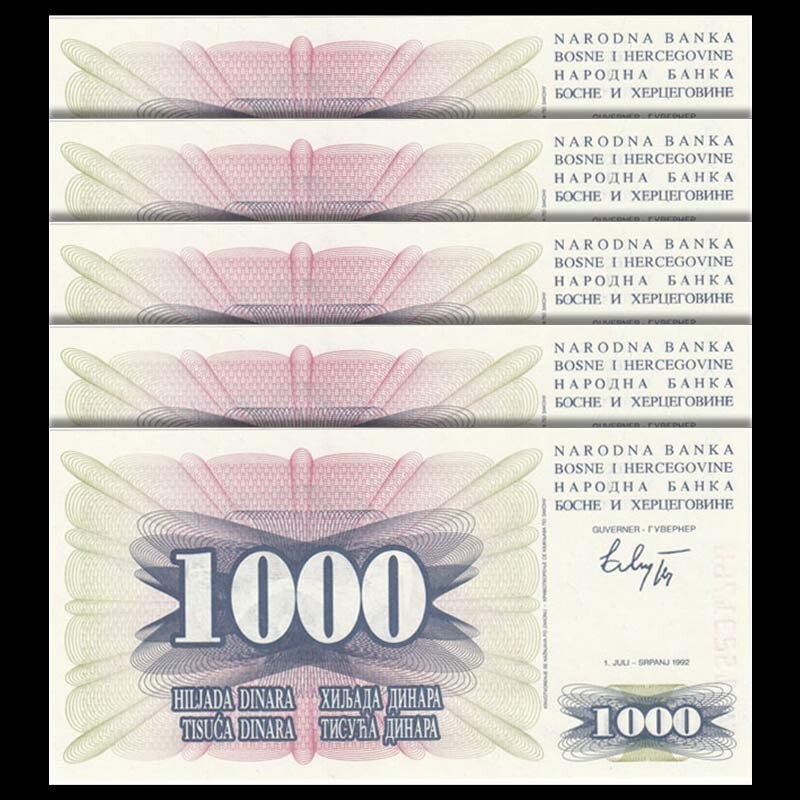 Lot 5 PCS, Bosnia & Herzegovina 1000 Dinara, 1992, P-15, UNC