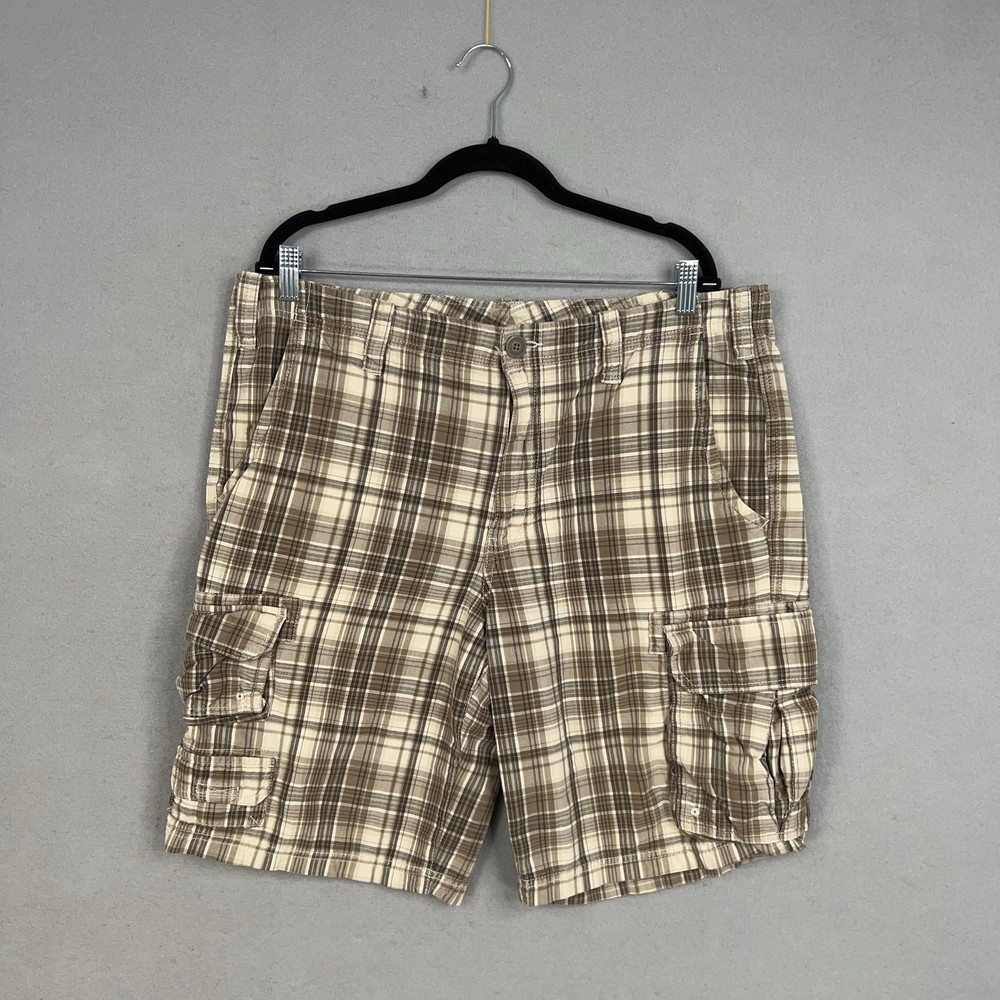 Eddie Bauer Shorts Mens 38 Brown Tan Plaid Cargo Outdoor Hiking Camping Casual