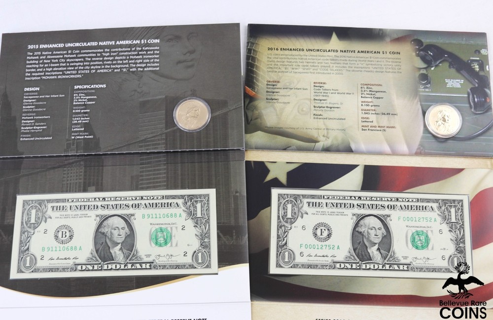 Lot of 3: 2015-2016 US Mint Native American Dollars & 2019 Currency Set w/OGP