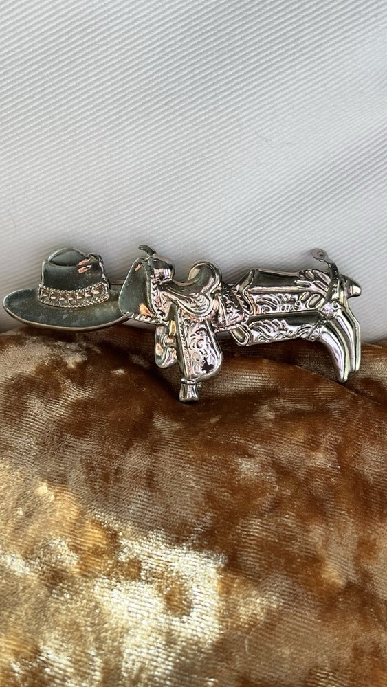 Vintage 80s Silver Western Cowboy Hair Barrette Clip Hat Boots Guitar Retro