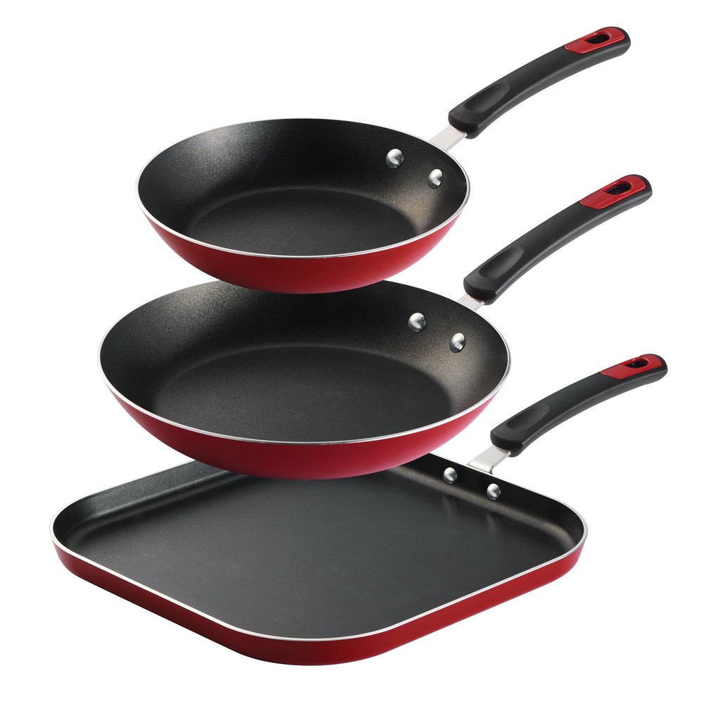 Everyday 3 pc aluminum nonstick fry pan and griddle set – metallic red
