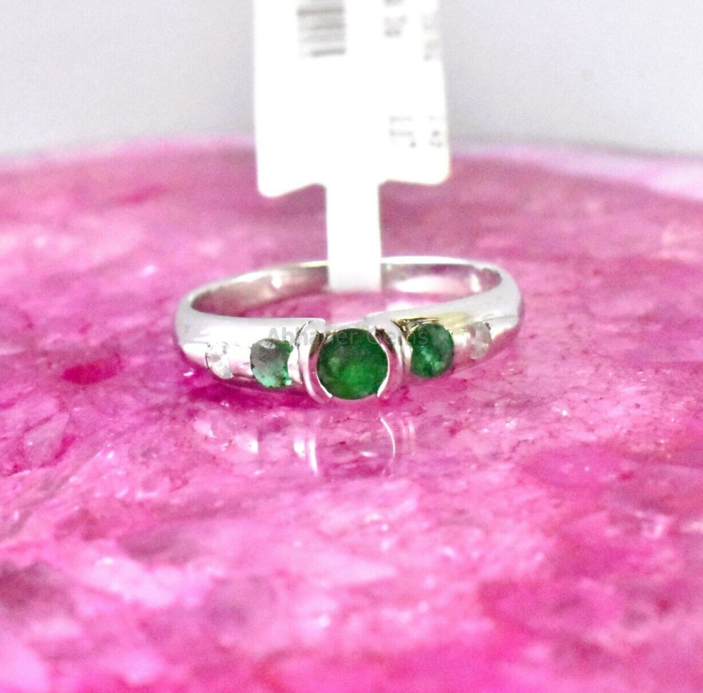 Emerald & Diamond Modern Design Handmade Ring 925 Sterling Silver Vintage Ring