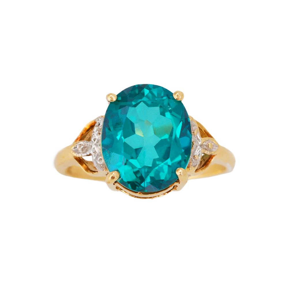 10K Yellow Gold Oval Teal Blue Sapphire White Gold Accent Ring Size 8 Statement