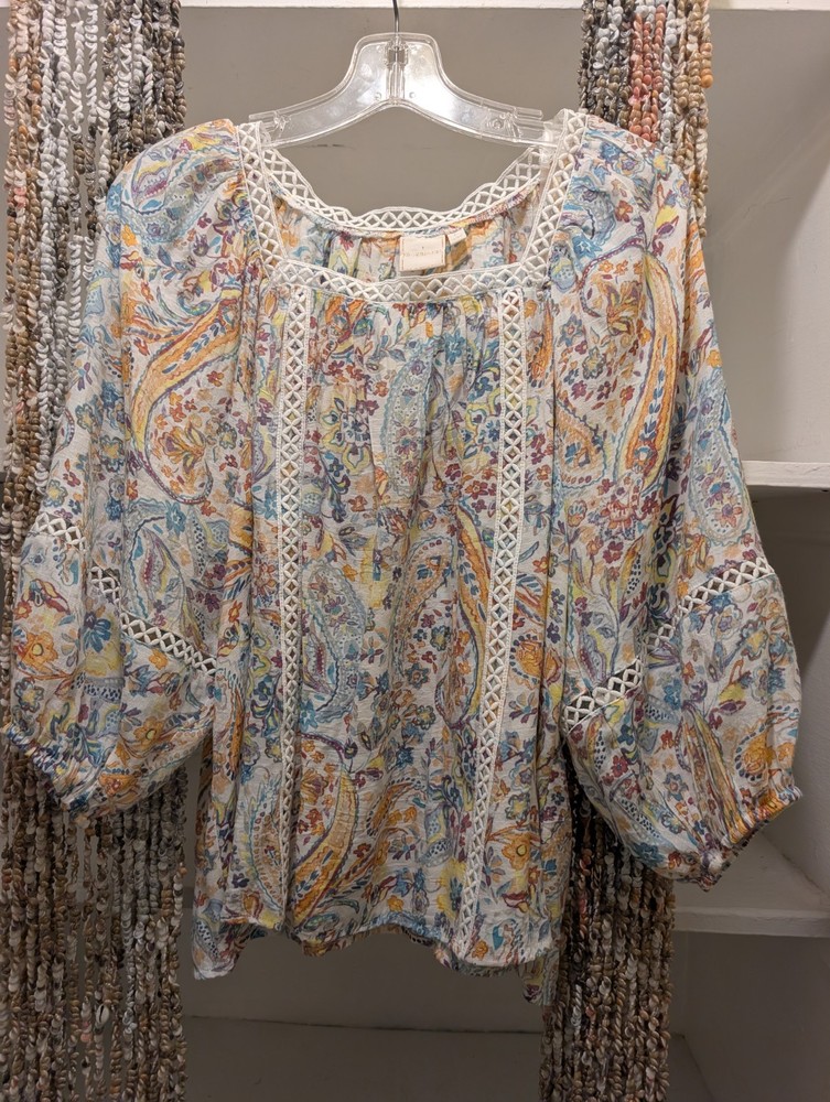 Fairycore Romantic Flowing Paisley Boho  Lace Crochet Balloon Sleeve Blouse L
