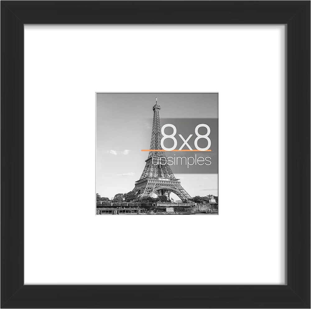 8X8 Picture Frame: Display 4X4 with Mat or 8X8 without Mat, Wall Hanging, Black
