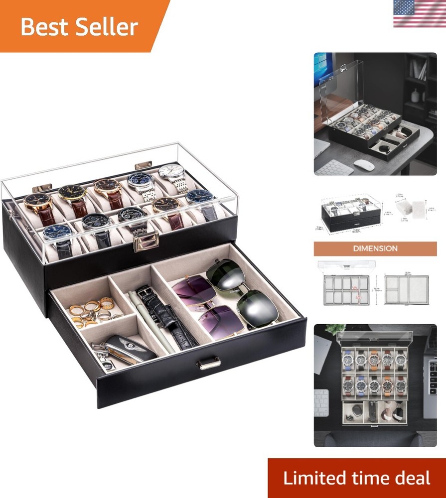 Faux Leather Acrylic Watch Organizer Case with 10 Slots for Men and Women