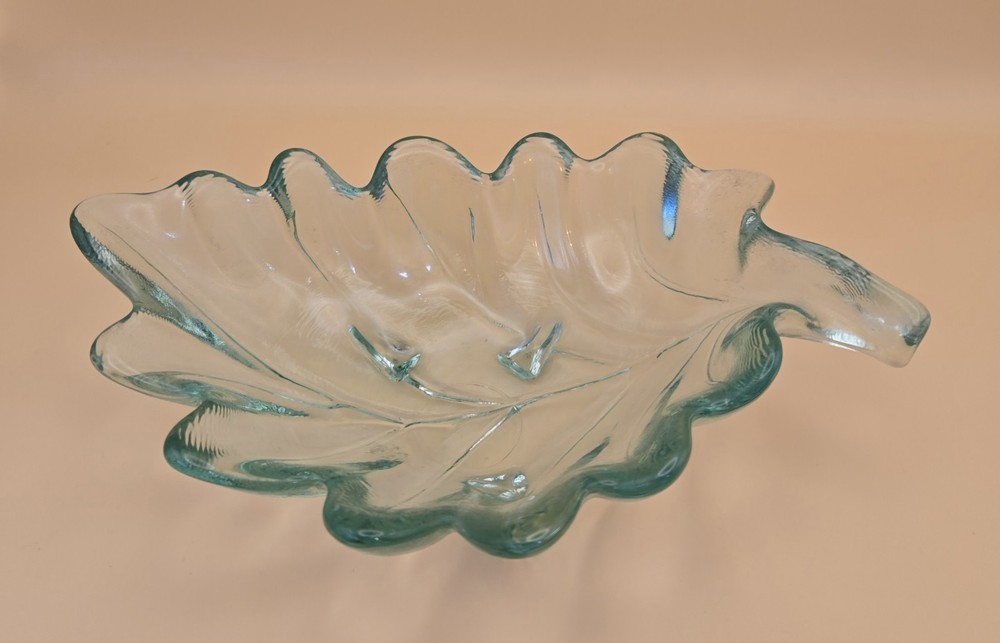 Vintage French Green Leaf Floral Pressed Glass Footed Bowl