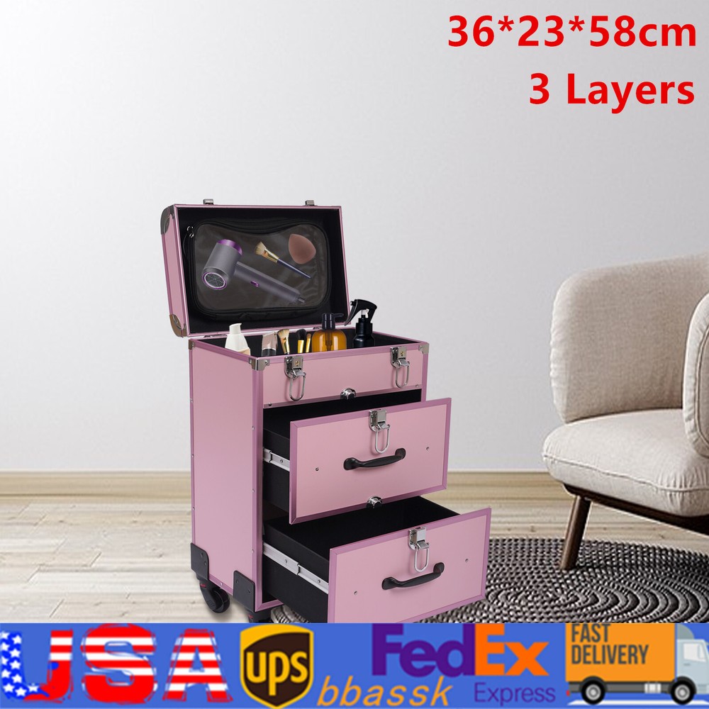 Professional Rolling Makeup Train Case with Cosmetic Storage Organizer and Jewelry Rings Tray