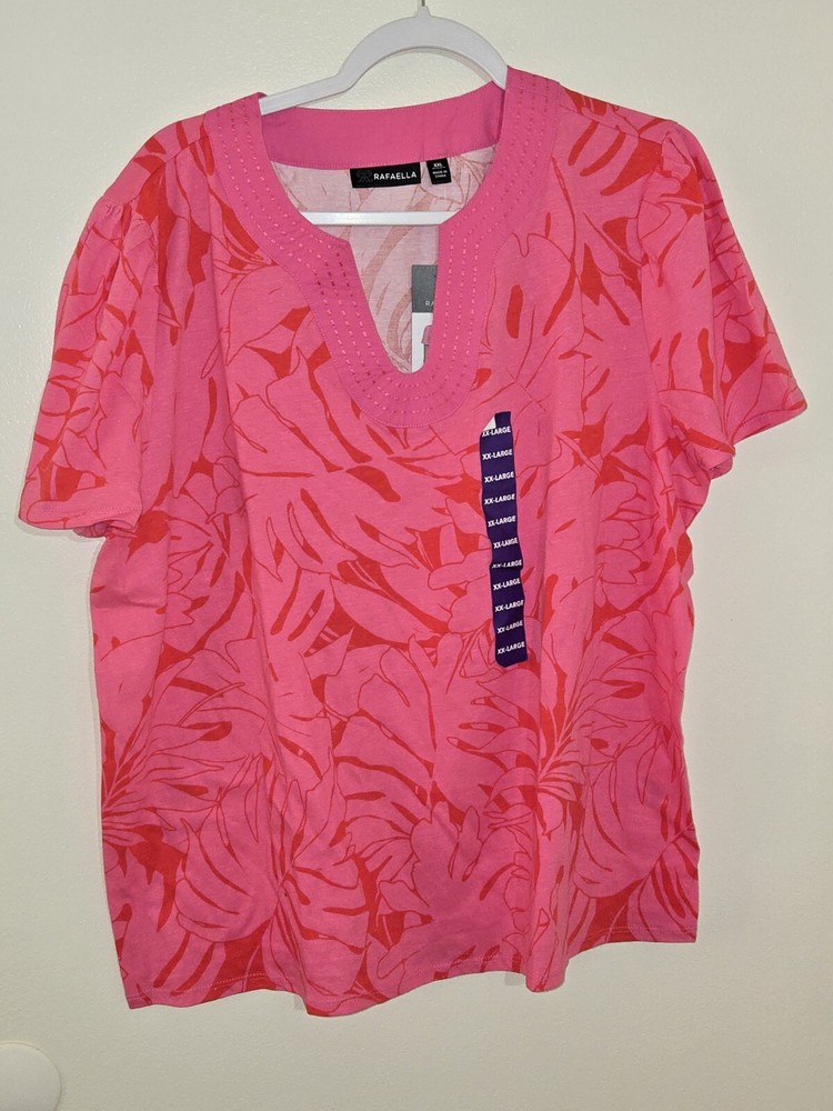 Rafaella Women's Soft 100% Cotton Jersey Short Sleeve V Neck Top Size XXL