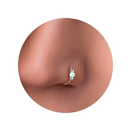 Tiny White Opal Nose Ring – Thin 24 Gauge 7mm nose piercing White Opal Silver