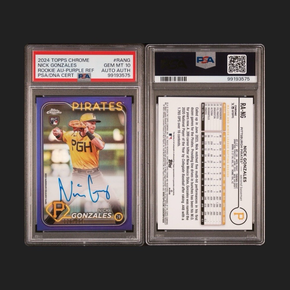 2024 Topps Chrome Rookie Autographs Purple Refractor Nick Gonzales /250 PSA 10