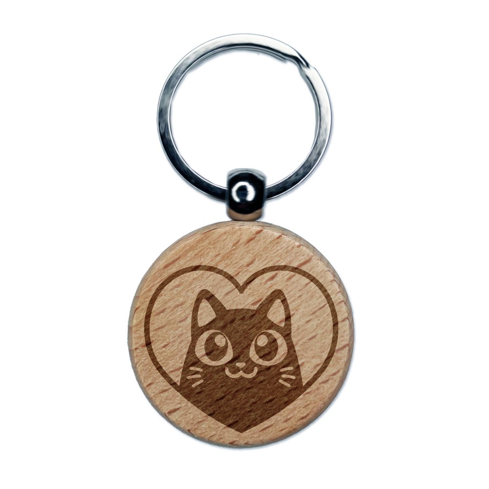 Cat Inside of Heart Love Engraved Wood Round Keychain Tag Charm