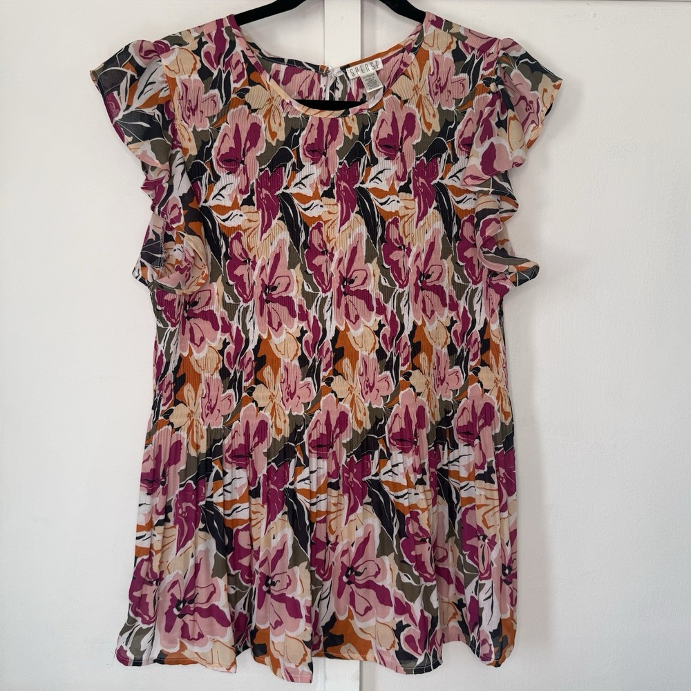 Spense Floral Flutter Sleeve Top Blouse Pink Orange Black Women’s Size XL