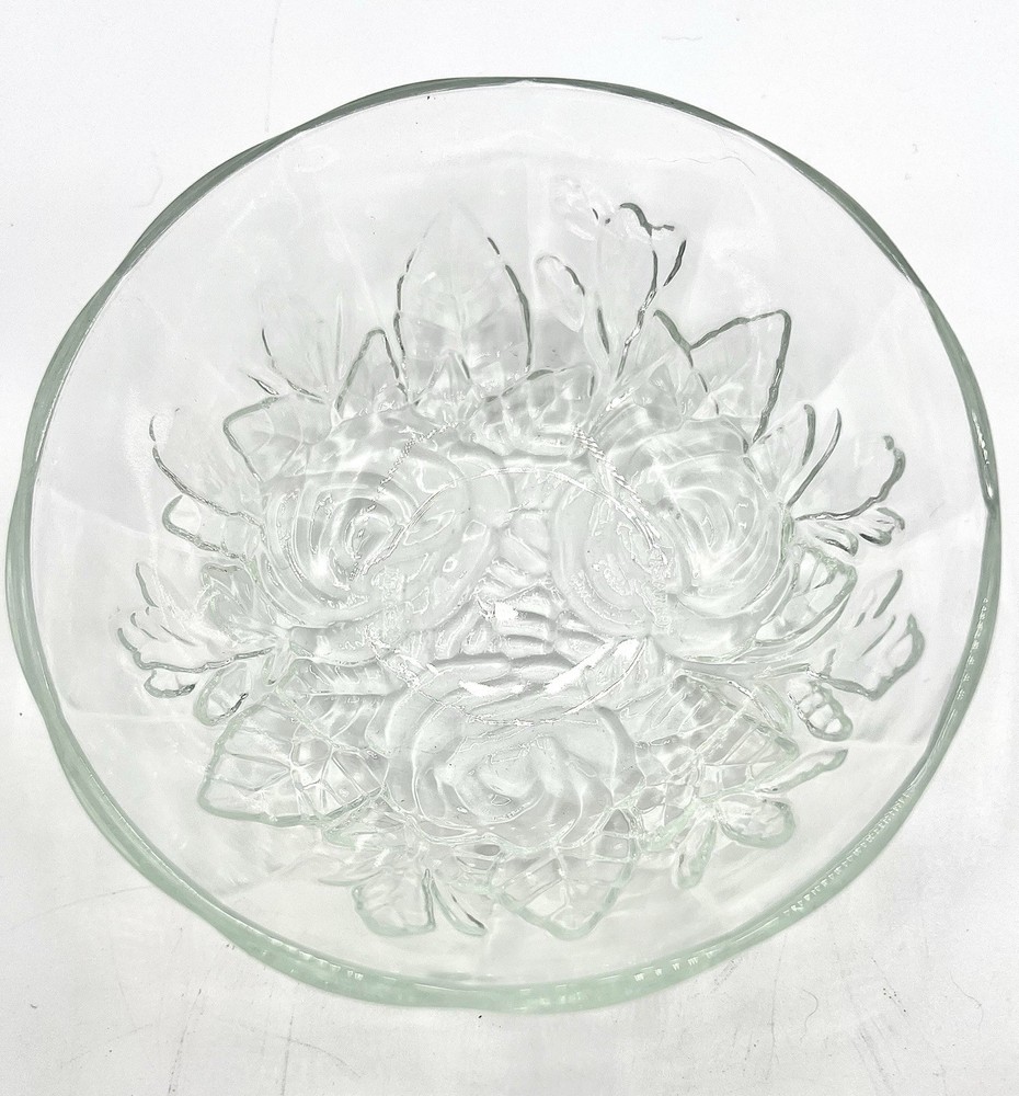 Vintage Glass Salad Bowl Pressed w/ Roses Decorative