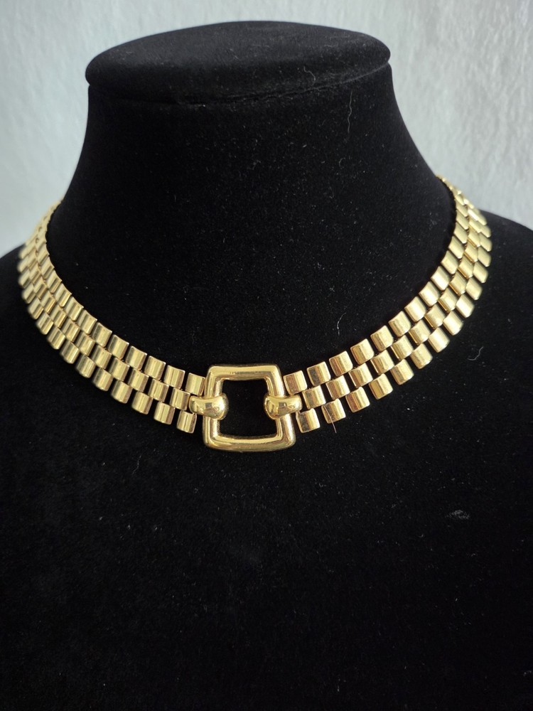 Vintage Signed MONET Collar Necklace Gold Tone Choker Flat Link 18