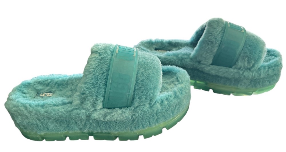UGG Women's Fluffita Curly Shearling Platform Slipper Sandals Tidal Wave Blue 10