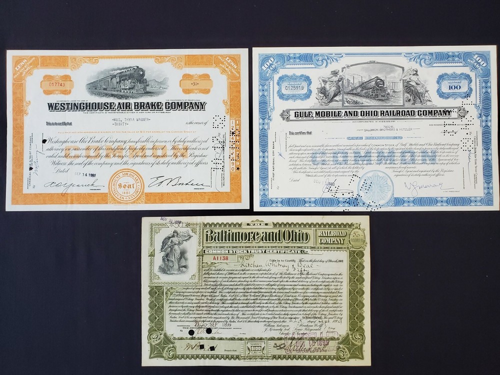Lot of 3 US Vintage Railroad Stock Certificates: B&O, Westinghouse, Gulf Mobile Ohio