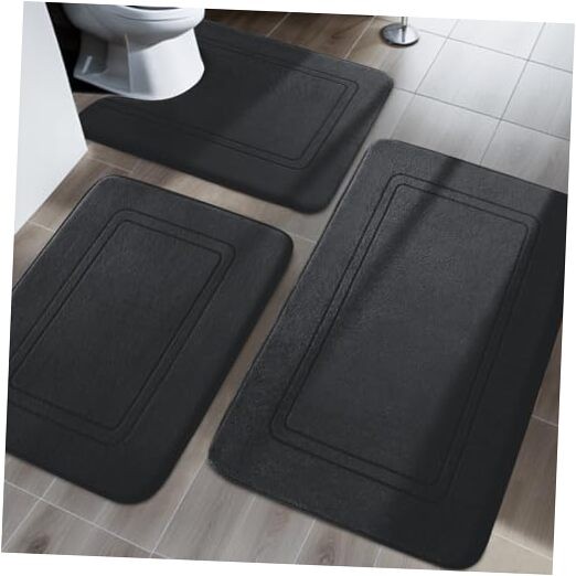 Non-slip 3-piece black memory foam bath mat set for bathroom comfort
