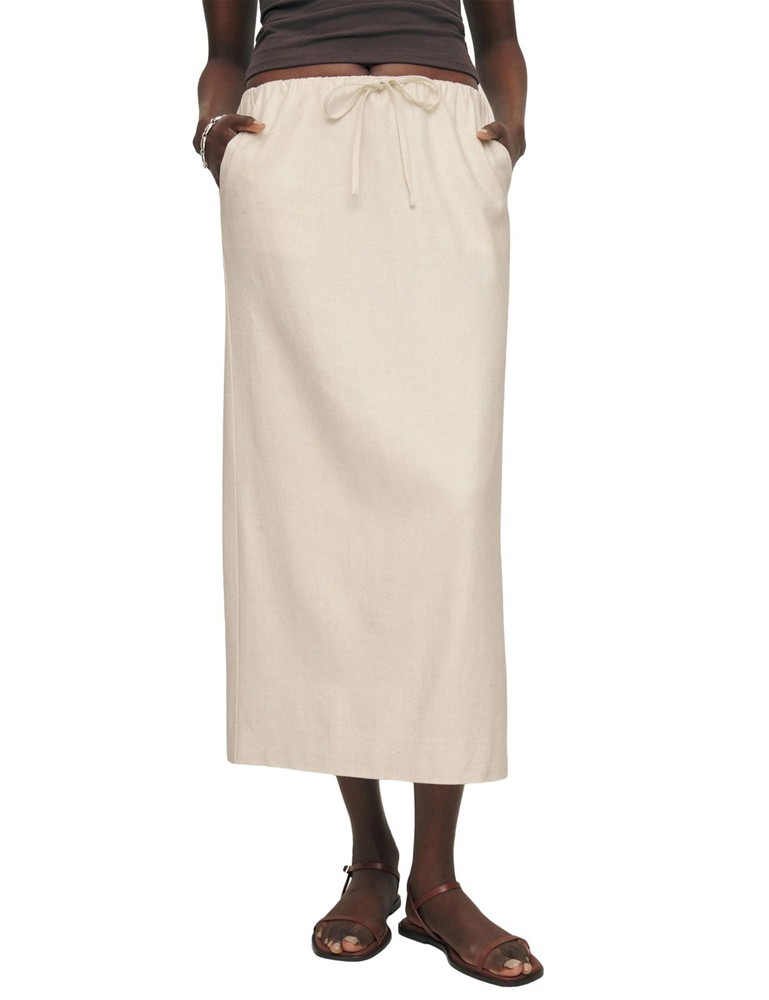 Trendy Women's Cotton Linen Long Skirts, Elastic Waist, Drawstring, Slit