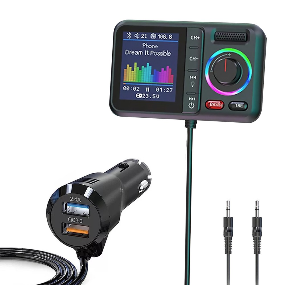 Bluetooth 5.0 Wireless FM Transmitter with Dual USB PD Charger and AUX