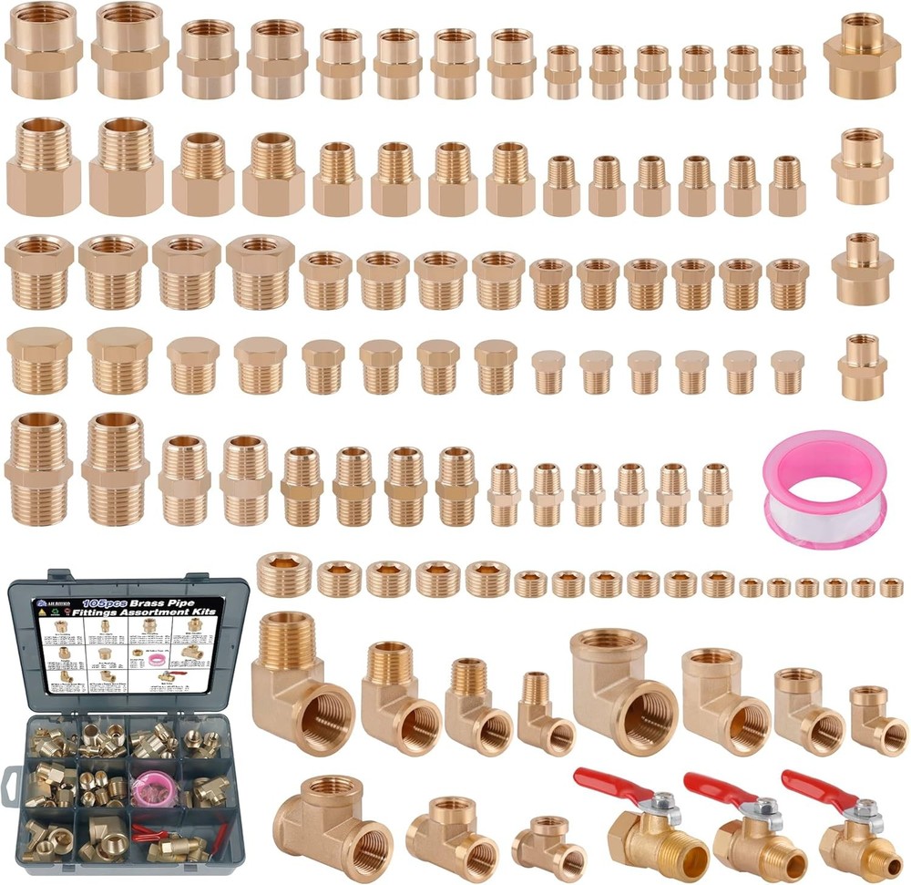 105PCS Brass Pipe Fittings Kit with NPT Adapters, Reducer Bushings, and Hex Nipples for Plumbing Projects