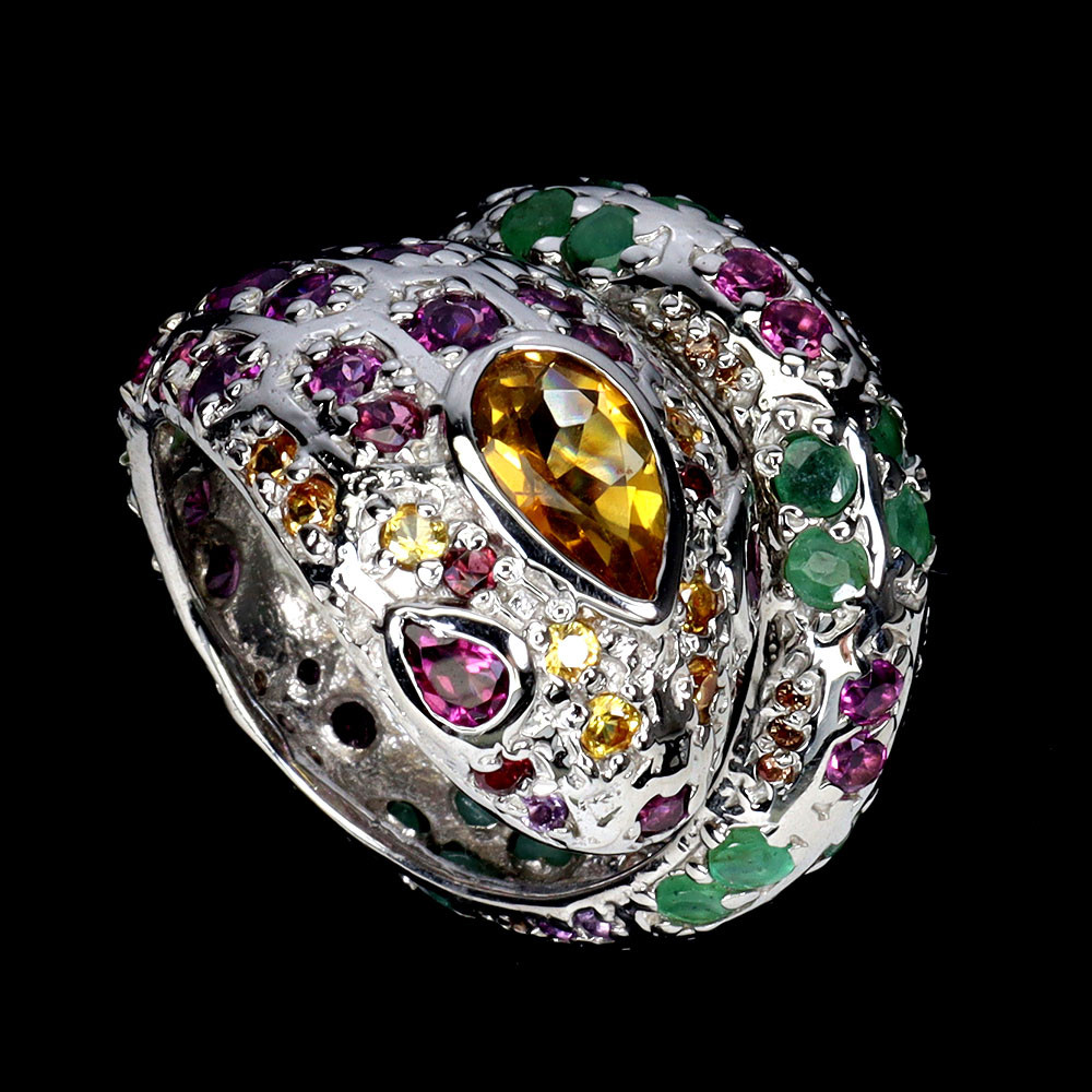925 Sterling Silver Citrine Emerald Gemstone Cobra Ring Size 9