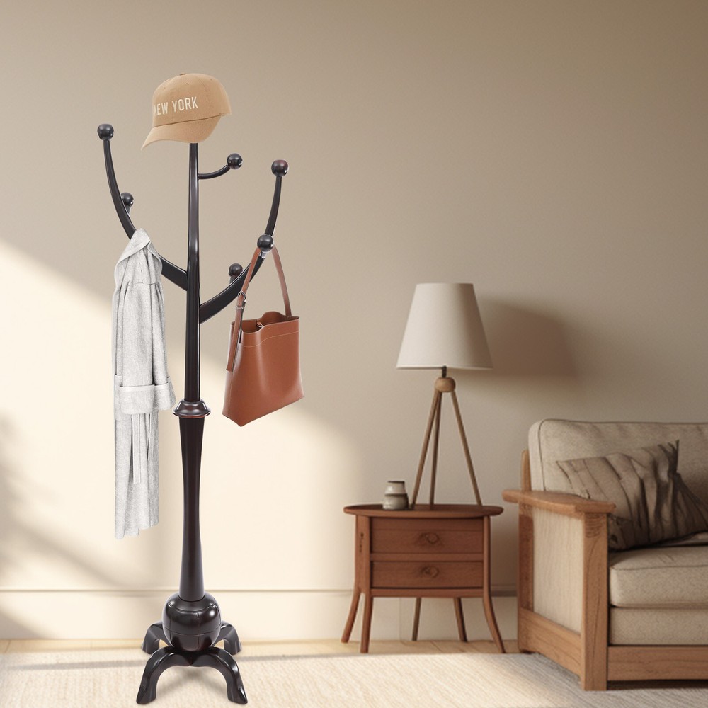 Wooden Freestanding Coat Rack with 8 Hooks for Bedroom or Entryway