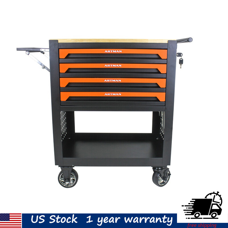4-Drawer Rolling Tool Cart with Wood Top & Wheels in Orange