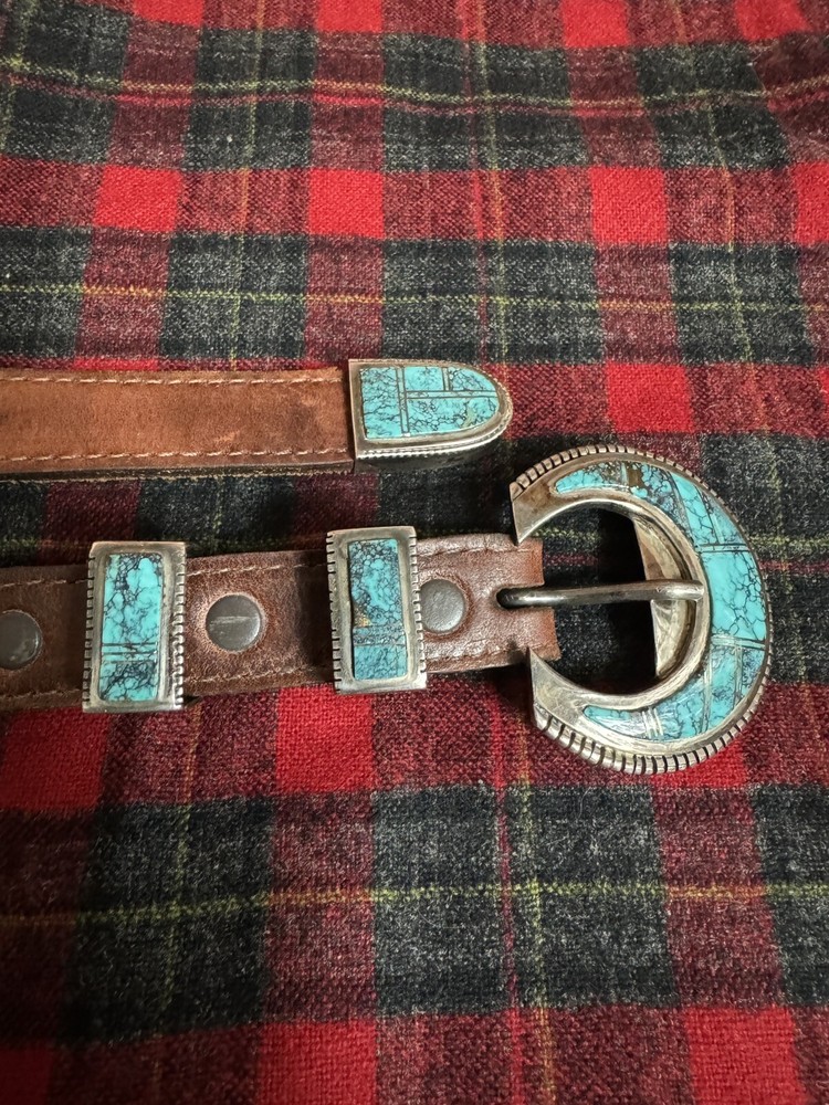 FIJ Signed Navajo Southwest Sterling Silver Turquoise 4 Piece Belt Buckle Set