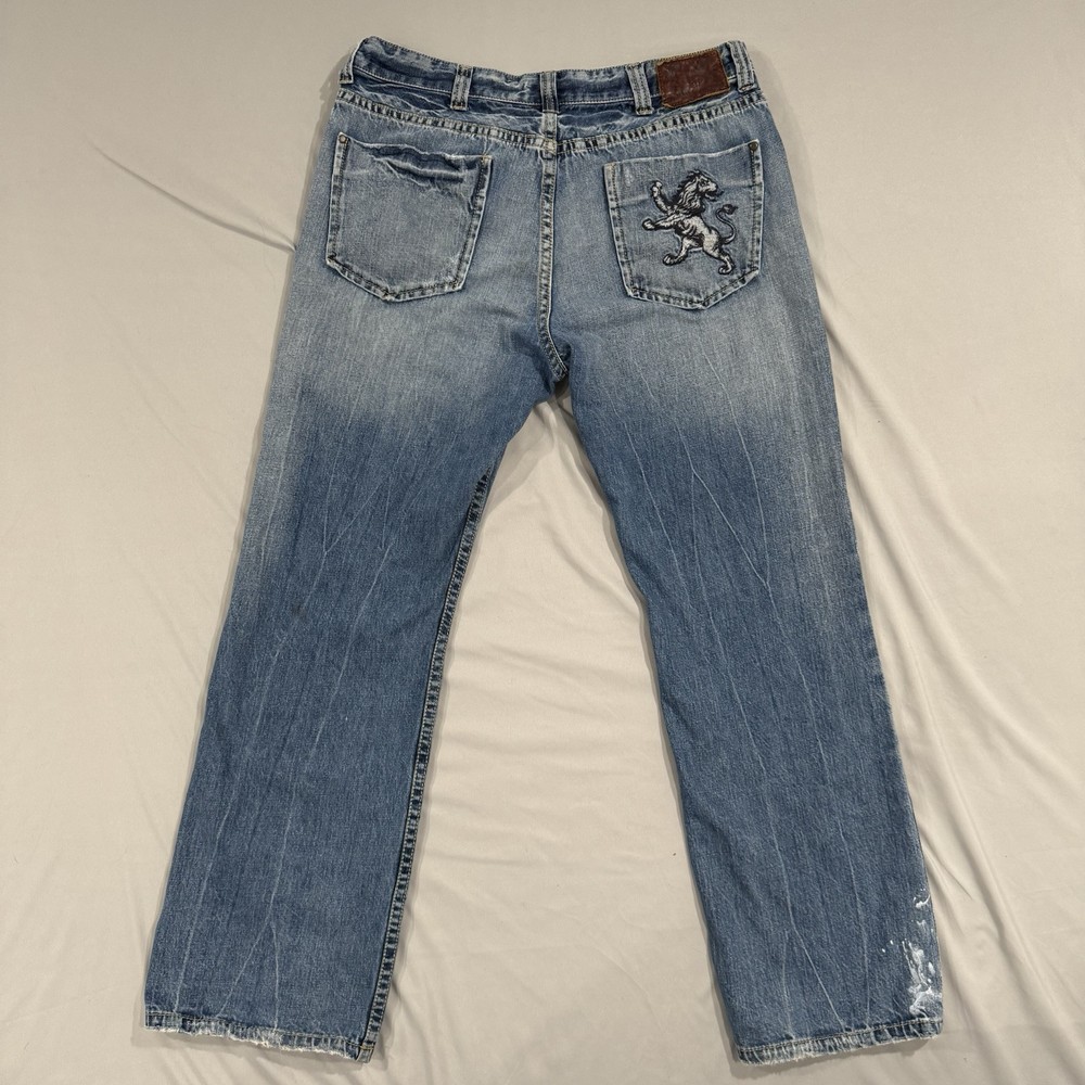King Of Prides Jeans Mens 38x34 Blue Denim Wide Leg Boot Baggy Skate Lion Y2K