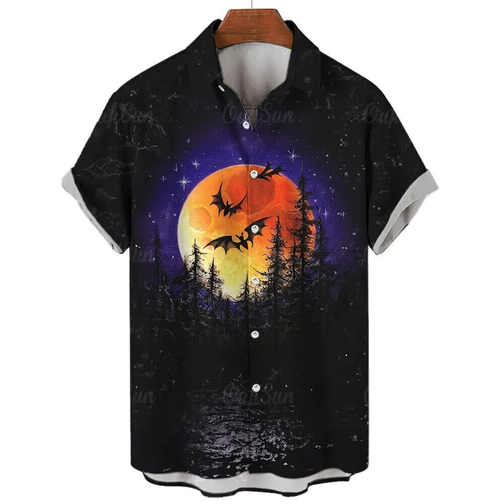 Halloween Moon Tree Bats Art 3D Print Hawaiian Buttoned Shirt Lapel Topbqk10