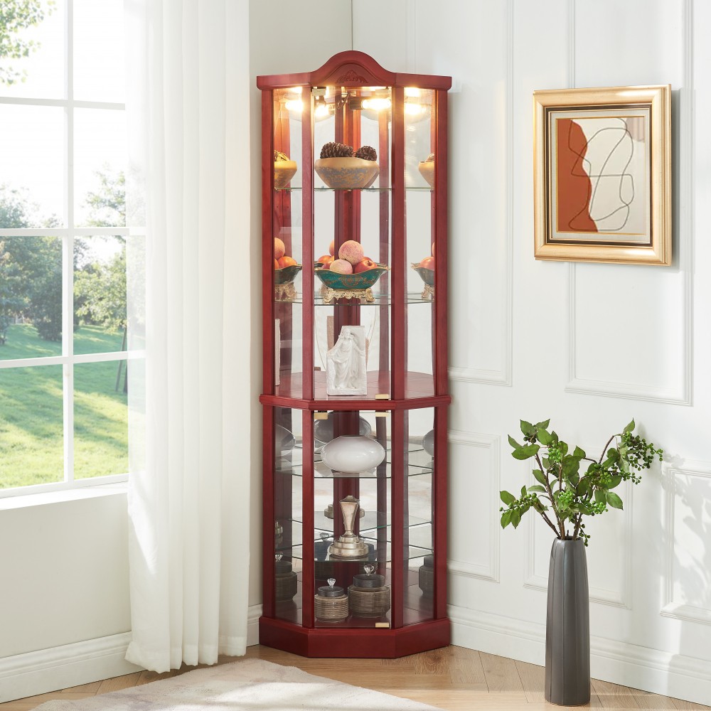 Glass Cabinet with Lighting Features 4 Adjustable Tempered Glass Shelves